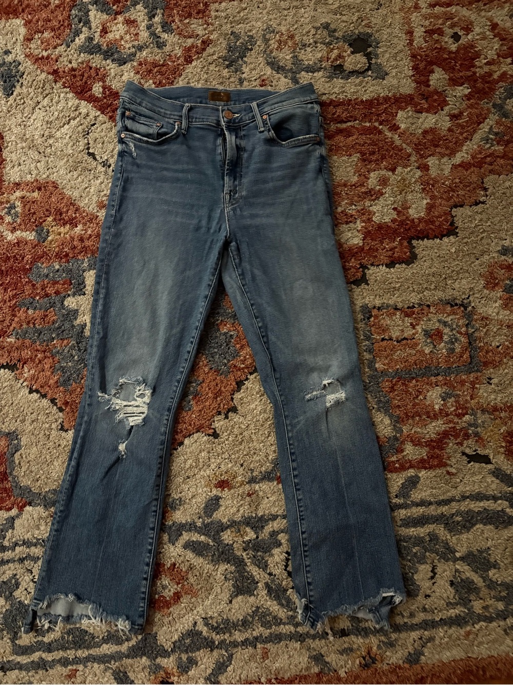 MOTHER Straight-Leg Distressed Blue Jeans